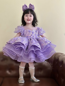 92 Girls Red Princess Party Dress Floral Gold Pattern Puff Sleeves Layered Ruffle Tulle Skirt for Birthday and Festive Wear - Product Image 3