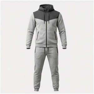 Ensemble de survêtement gris pour homme, manches longues, capuche, fermeture éclair sur le devant, blocs de couleur, poches latérales, respirant, décontracté, pour l'automne - Product Image 1