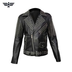 Chaqueta estilo punk para hombre con remaches y pinchos, corte ajustado, cuello alto, cierre de cremallera, impermeable, para otoño - Product Image 1