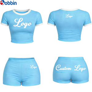 Women's Shorts Sets Summer Outfits Custom Logo Shorts Set Summer Women Clothes Women's Basic Short Sleeve Crew Ribbed 2-Pcs Set - Product Image 4
