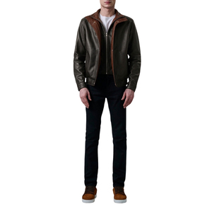 Veste en cuir véritable pour homme, style color block, col montant, fermeture éclair, veste de motard décontractée, coupe-vent d'automne - Product Image 1
