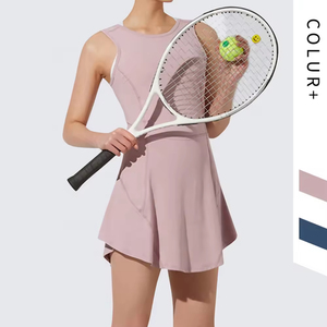 Women's Blue Sleeveless Tennis Dress <b>Round</b> Neck Fitted Breathable Polyester Summer Sport Apparel - Product Image 5