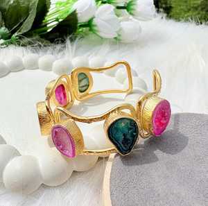 18K Gold Plated Brass Cuff <b>Bracelet</b> Pink & Green <b>Crystal</b> Bangle for Her Boho Style Jewelry Handmade Bulk Product - Product Image 5
