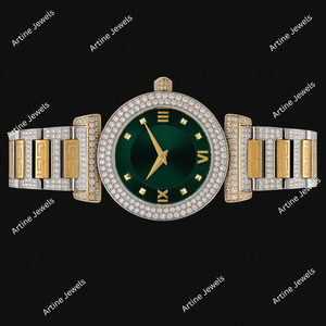 Reloj de lujo para hombre con esfera verde, diamantes incrustados, oro y plata, números romanos, bisel de cristal, elegante y a la moda. - Product Image 2