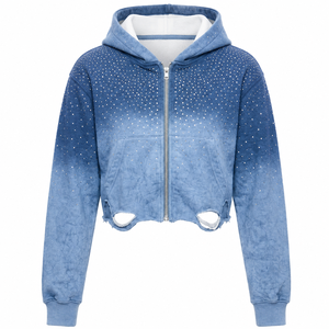 Vintage Winter Washed <b>Cropped</b> <b>Zip</b>-<b>Up</b> <b>Hoodie</b> Unisex Slim Fit Oversized Streetwear Rhinestone Print Digital Acid Wash Fleece - Product Image 1