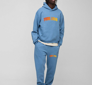 Conjunto de Chándal con Capucha Azul Unisex con Logotipo Personalizado, de Algodón, Manga Larga, Corte Holgado, Informal, Transpirable, con Logotipo Estampado en la Parte Delantera - Product Image 1