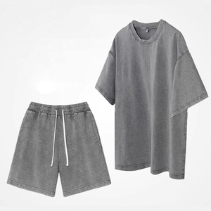 Men's Custom Logo <b>Plain</b> T Shirt and Shorts 2 Pieces Set Sport Wear Acid washed Outfits Solid Color Summer <b>Tracksuit</b> for Men - Product Image 3