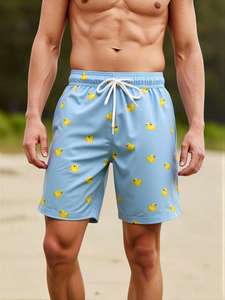 Short de bain pour homme bleu clair à imprimé canard de dessin animé, séchage rapide, avec cordon de serrage à la taille et poches - Product Image 4
