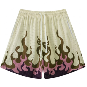 Shorts de basket-ball pour hommes à imprimé flamme, en mesh respirant, avec cordon de serrage, shorts de sport décontractés pour l'entraînement et les exercices - Product Image 1