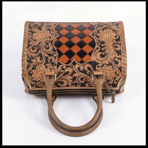 2026 New Luxury Genuine Leather Orange And <b>Black</b> Checkered Floral Carved Pattern Zipper Closure Durable Design Speedy Duffle <b>Bag</b> - Product Image 3
