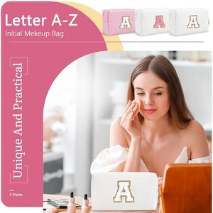 Borsa per il Trucco Personalizzata A-Z con Patch Preppy, Graziosa Pochette da Viaggio in PU Bianco con Lettere in Ciniglia, Astuccio con Cerniera e Iniziale - Product Image 2
