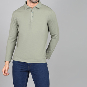 Polo à manches longues pour homme en coton piqué vert sauge avec col boutonné – Vêtement décontracté – Fabricant - Product Image 3