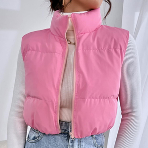 Gilet matelassé rose pour femme, col montant, fermeture éclair, couleur unie, décontracté, court, sans manches, veste d'extérieur automne-hiver - Product Image 1