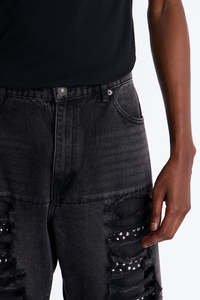 Jeans de Mezclilla Negros Rotos Estilo Punk para Hombre, Corte Recto, Ajuste Holgado, Lavado Desgastado, Algodón de Peso Medio, para Otoño - Product Image 2