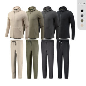 Ensemble de survêtement polaire chaud d'hiver pour homme, 100 % coton, avec sweat à capuche zippé, ensemble deux pièces uni pour le sport - Product Image 3