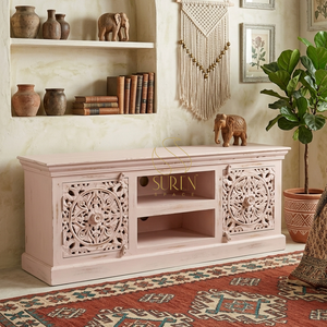 Rustic Antique Carved Solid Wood <b>TV</b> Stand with Storage for Living Room Furniture 50-54 in Floor Mount <b>Design</b> - Product Image 1