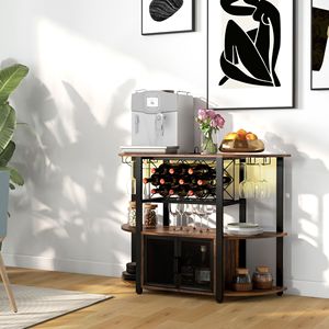 Tavolo da Mini Bar rustico marrone per vino e liquori con stazione di ricarica per illuminazione a LED e supporti in vetro per uso domestico - Product Image 2
