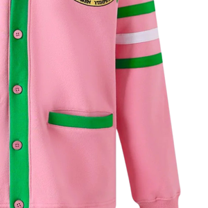 Cárdigan de Forro Polar AKA, Unisex, Color Rosa y Verde, con Botones al Frente, Estilo Universitario Informal Premium, Chaqueta Suéter en Color Rosa y Verde - Product Image 3