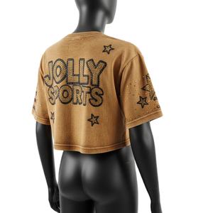 Women Crop <b>Top</b> T Shirt Premium GSM Cotton Jersey Vintage Wash Hotfix <b>Rhinestone</b> Logo Crop Tee Breathable Women Crop <b>Top</b> T Shirt - Product Image 5