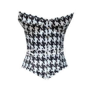 Ensemble corset overbust à imprimé pied-de-poule noir et blanc pour femme avec leggings taille haute en maille transparente - Product Image 5