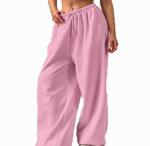Pantalon Harem Taille Haute Femme en Coton Éponge Couleur Unie avec Cordon de Serrage Coupe Ample Longueur Entière Décontracté Été - Product Image 1