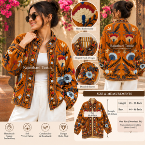 Chaqueta de Mujer RT3 Boho de Terciopelo Tejido, Bordado, Acolchado, con Diseño Floral Suzani, para Verano, Otoño e Invierno, 100% Algodón, de Secado Rápido - Product Image 3