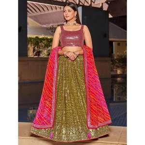 Fabuleux vert olive paillettes Georgette Lehenga Choli ensemble avec Dupatta pour tenue de soirée - Product Image 6
