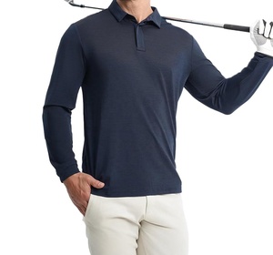 Men's Long Sleeve <b>Navy</b> Blue Golf <b>Polo</b> <b>Shirt</b> Solid Color Quick Dry Knitted Fabric Regular Fit - Product Image 5