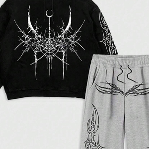 Ensemble de survêtement DTG à épaules tombantes, imprimé gothique araignée, sweat à capuche et pantalon baggy, streetwear unisexe premium, collection mode 2026 - Product Image 3