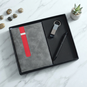 Aurelux Grey Corporate Premium <b>Notebook</b> Gift <b>Set</b> Red Striped case Bound Journal Metal Keychain Black Ball Pen Professional - Product Image 1