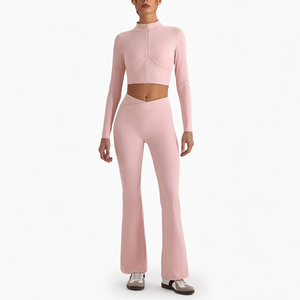 Women Activewear 2 Piece Set Sleeveless Zip Crop Top High Waist Flare <b>Leggings</b> Quick Dry Front Fitness Yoga Workout Clothing - Product Image 6