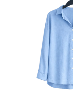 Ensemble deux pièces en lin bleu ciel pour femme, chemise à manches longues boutonnée et pantalon large à taille élastique, tenue décontractée - Product Image 3