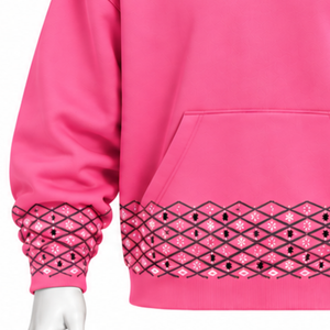 <b>Mens</b> <b>Pink</b> Embroidered Border <b>Hoodie</b> Oversized Pullover Fleece Sweatshirt Kangaroo Pocket Decorative Cuff Casual Streetwear Top - Product Image 6