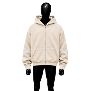 Sweat à capuche zippé premium pour homme, beige, orné de strass, coupe classique, imprimé pailleté, style décontracté urbain, collection automne, avec cristaux décoratifs de signature - Product Image 1