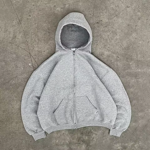 Sudadera con capucha gris jaspeado personalizada para hombre, con cremallera completa, hombros caídos, bolsillos delanteros, manga larga, estilo casual urbano. - Product Image 1