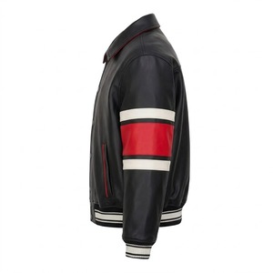 Chaqueta Varsity de Cuero PU Negra para Hombre, Cuello Camisero, Bloques de Color, Forro de Satén, Abrigo Casual, Chaqueta de Motociclista de Piel de Vaca - Product Image 3