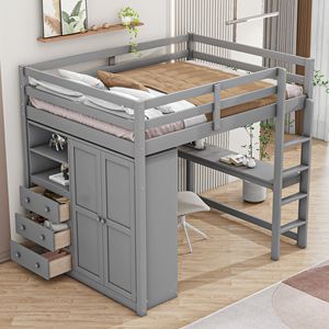 Letto a soppalco matrimoniale grigio con armadio integrato, scrivania, scaffali portaoggetti e cassetti - Legno - Product Image 1