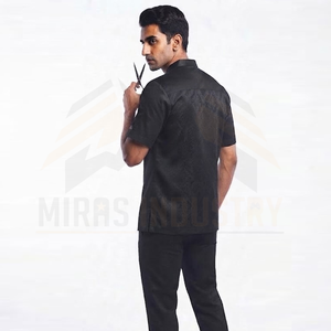 Blouse de barbier noire et rouge à manches courtes pour homme, en polyester respirant, uniforme de travail tendance - Product Image 2
