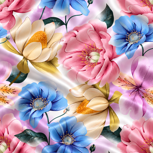 Tissu en satin modal pur pour filles, léger, imprimé floral large, bleu, rose, crème, aquarelle, jardin, pivoine, lys, matière pour robe - Product Image 1