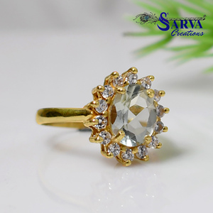 Anillo de compromiso y boda de plata de ley 925 chapado en oro con amatista verde natural de corte ovalado, halo y circonitas florales. - Product Image 3