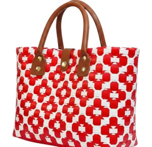 Sac fourre-tout en plastique tissé de qualité supérieure et sac fait main, motif géométrique rouge et blanc, sac de plage pour femmes, idéal pour les vacances - Product Image 4
