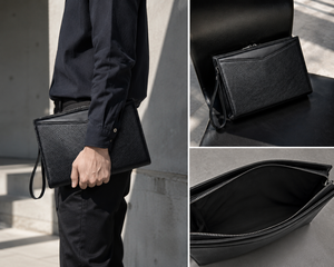 Portefeuille-pochette noir en cuir véritable, étanche, avec fermeture éclair et dragonne, forme allongée, idéal pour le bureau, les voyages et le quotidien - Product Image 4