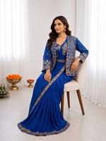 Ensemble de sari indien pakistanais imprimé bleu avec blouse brodée et veste pour femme, robe de fête et de mariage