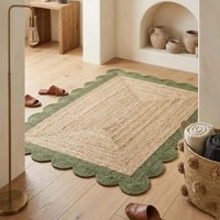Tapis rectangulaire en jute vert à bordure festonnée, fait main, tissé naturellement, style bohème, pour salon, chambre à coucher, tapis de sol