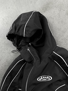 Custom Hooded Bomber <b>Jacket</b> With White Stitching Embroidered Logo Reflective Piping Windproof Sporty Style Full Zip Front Logo - Product Image 3