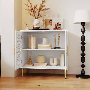 Buffet vintage en bois sculpté à 2 portes, style bohème, avec découpes ajourées, pour salon, salle à manger, rangement, bois sculpté - Product Image 2