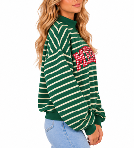 Wholesale Custom <b>Women</b>’s Oversized Mock Neck <b>Sweatshirt</b> <b>Christmas</b> Striped Design MERRY Gingham Letter Patch Applique - Product Image 5