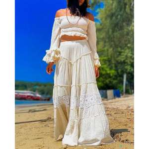 Ensemble deux pièces bohème pour femmes, haut court à épaules dénudées, jupe longue évasée, tenue de plage d'été, tenue bohème - Product Image 2