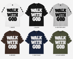 เสื้อยืดโอเวอร์ไซส์สีขาวสำหรับผู้ชาย ลายปัก Walk With God สไตล์ Distress พิมพ์ลายกราฟิก ผ้าคอตตอนหนา ทรงไหล่ตก สตรีทแวร์ - Product Image 5