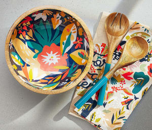 ชามไม้มะม่วงเคลือบเงาทำมือ ดีไซน์ลายดอกไม้สีน้ำสีฟ้า สไตล์เรียบง่าย สำหรับเสิร์ฟสลัด - Product Image 3